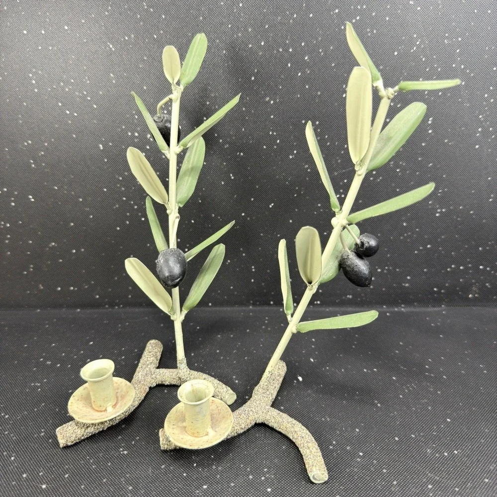 Metal Olive Branch Taper Candle Holder Set of 2 Green Leaf Botanical Decor 7in